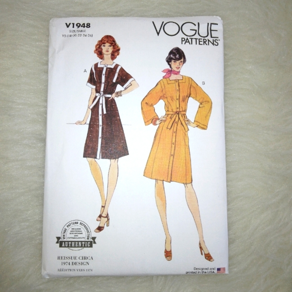 VOGUE V1948 Sz 18-26 Authentic Reissued 1974, Misses Loose Fitting Front Button
